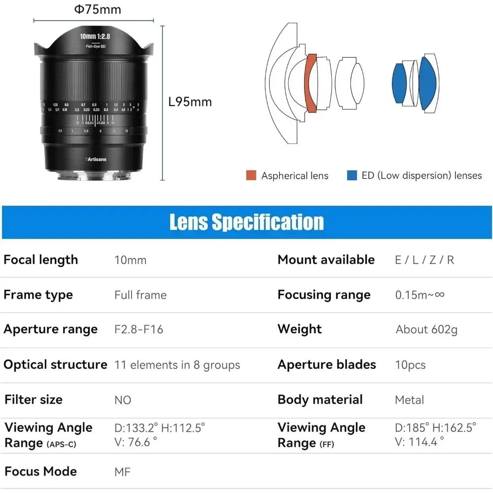7 장인 10mm F2.8 II 풀 프레임 초광각 어안 렌즈 수동 초점 E 니콘 Z 캐논 RF L 마운트 미러리스