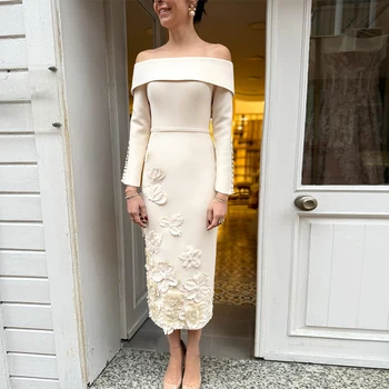 Midi Wedding Guest Dress Beige Off Shoulder Flowers Column Formal Party Gowns for Women Long Sleeves Tea Length Cocktail Dresses