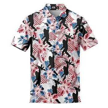Sasquatch w AR-15 American Flag Hawaiian Polo ShirtFor Men