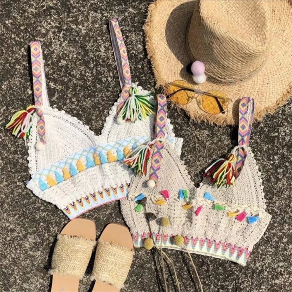 

Bohemian Ethnic Style Strap Vest 2024 Sexy Sleeveless Tank Top Outerwear Halter Knitted Bra Lady