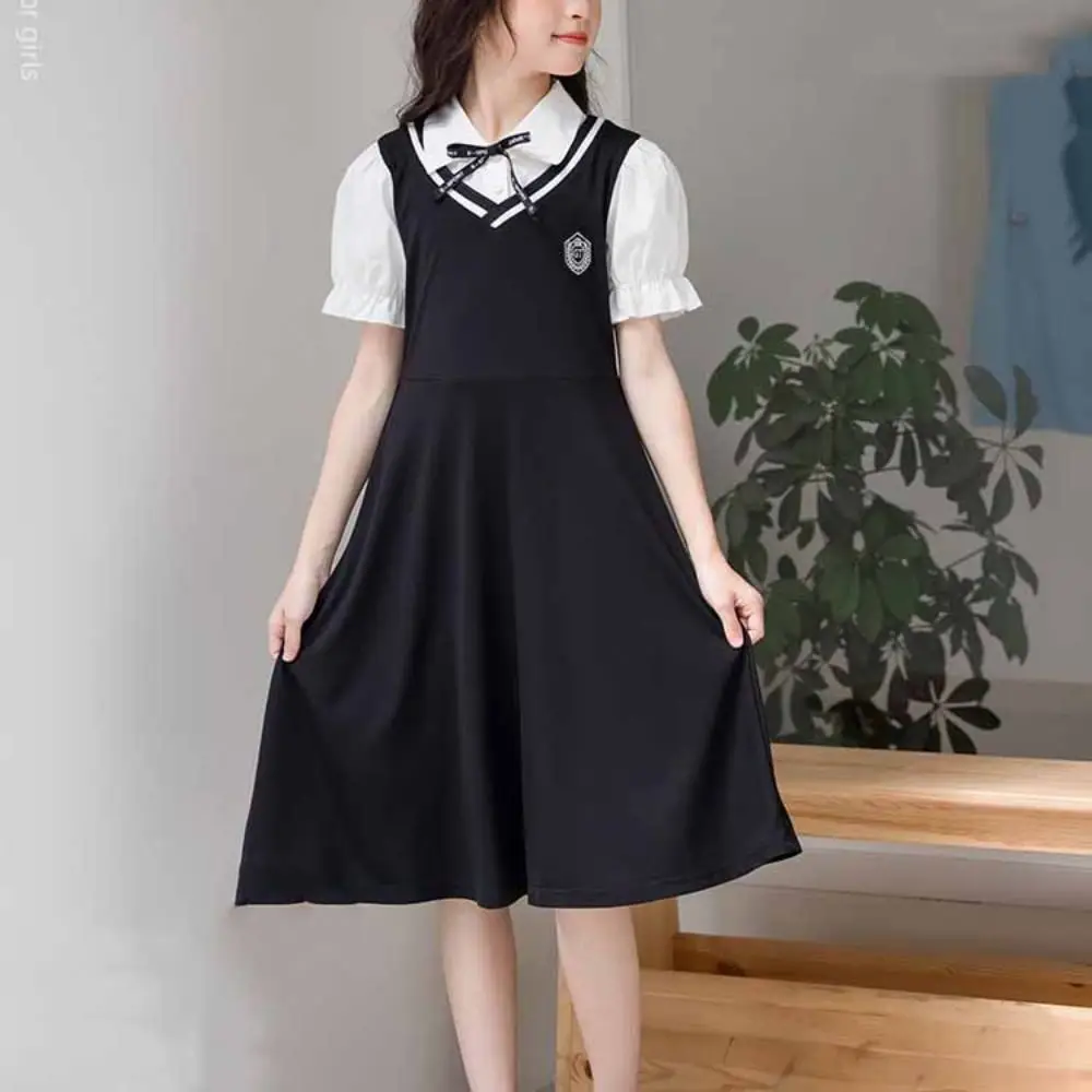 Pleated Girls False Two Dress Preppy Style Short Sleeve Summer Dresses Beach Vacation Teenagers Children A-line Dress Party