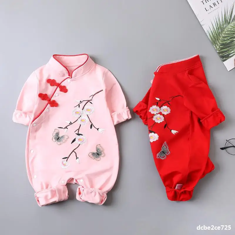 Chinese Traditional Jumpsuit For Girls Newborn Baby butterfly Hanfu Red Tang Suit Romper Chinese New Year Outfits Birthday 3