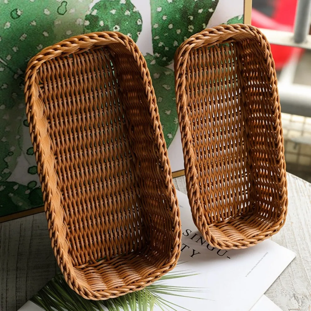 Kitchen Supplies Plastic Imitation Rattan Storage Basket Rectangle Durable Faux Wicker Tray Universal Bread Food Plate Home 3