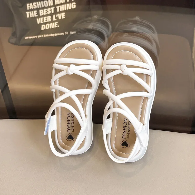 Girls Summer Open Toe Cross Tie Sandals Black Beige Kids School