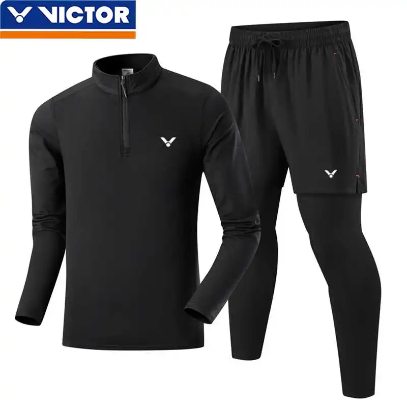 VICTOR Men's and Women's Badminton Loose Breathable Thin Half Zipper Athletics Fitness Long Sleeve Top Pants Set