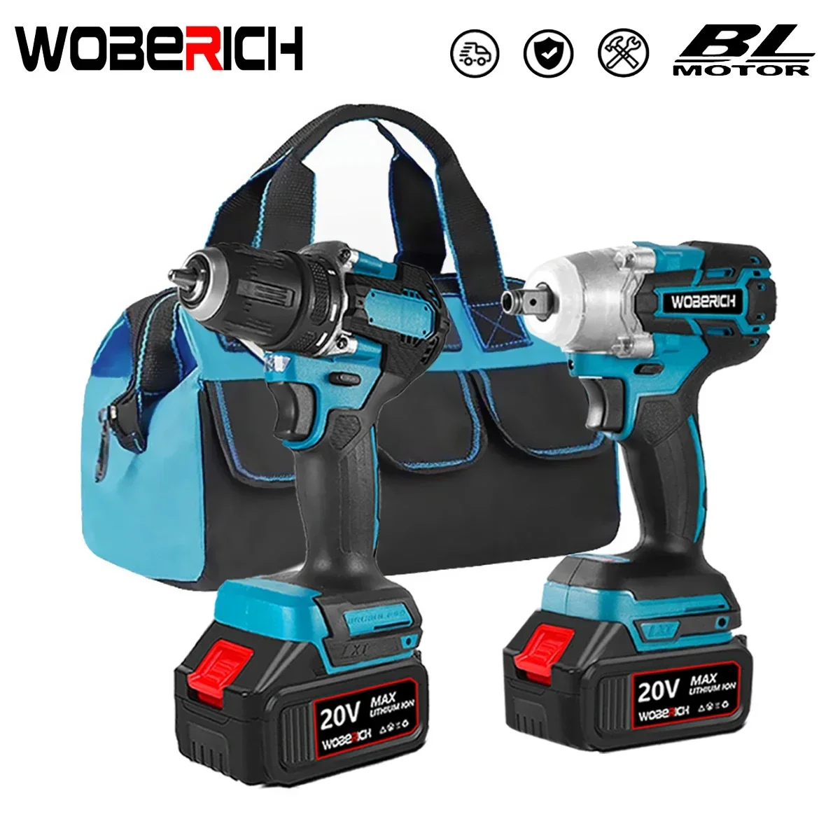 WOBERICH 2 IN 1 Brushless Combo Kit Power Tool Sets Cordless Electric Impact Wrench Hand Drill Socket With 2x Battery Toolbag