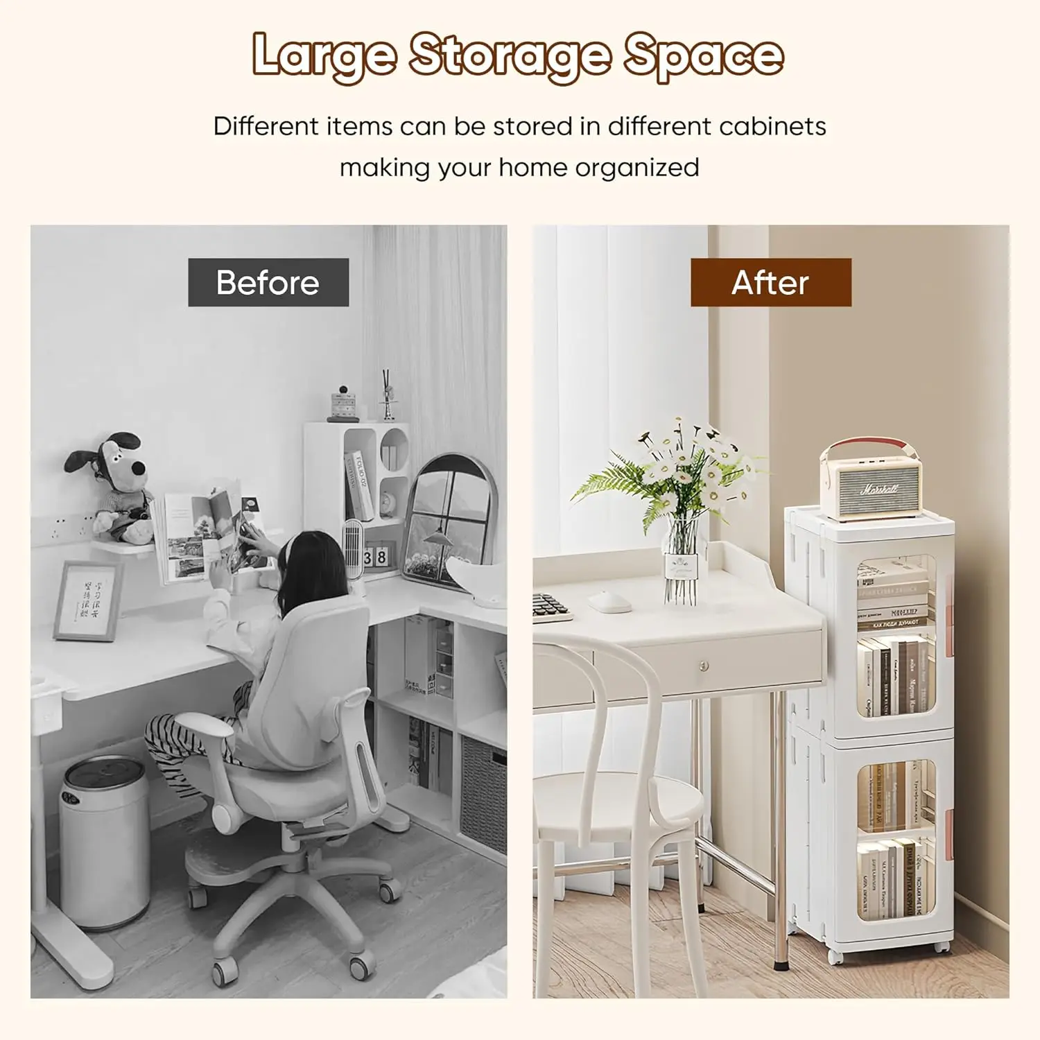 Slim Bathroom Cabinet, 2-Tier Plastic Organizer. Narrow, Stackable with Doors. For Home, Living Room