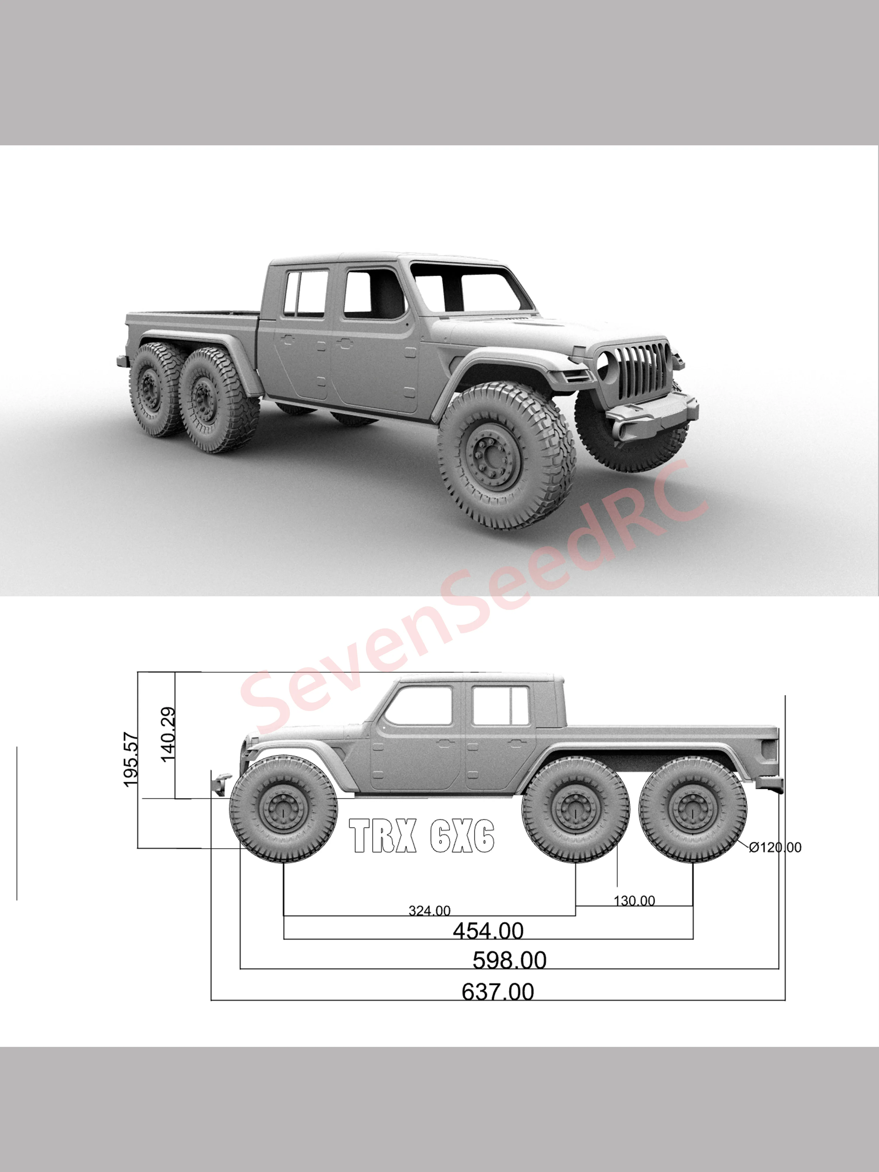 3d print car body kit Gladiator 6x6 Hard Body 313/324 WHEELBASE TRX6 SCX10 NT4 JT4 RGT 6