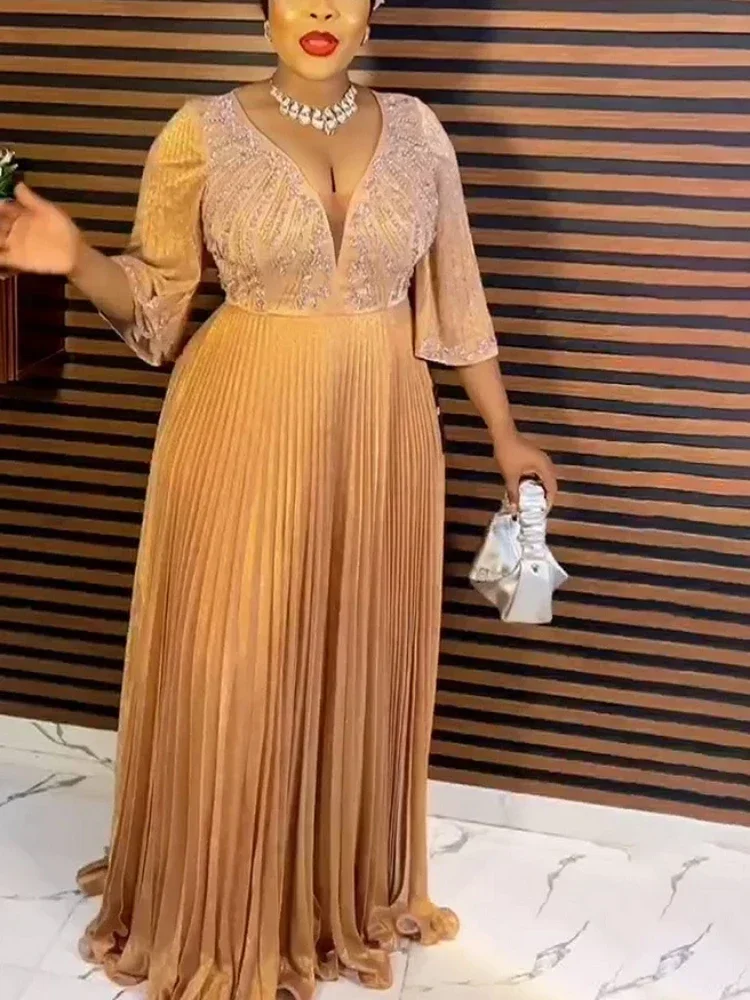 

Sparkly Women Maxi Pleaed Party Dress Deep V Neck Flare Sleeve Gold Powder Glitter A-Line Robes Formal Luxury Evening Gowns 2024