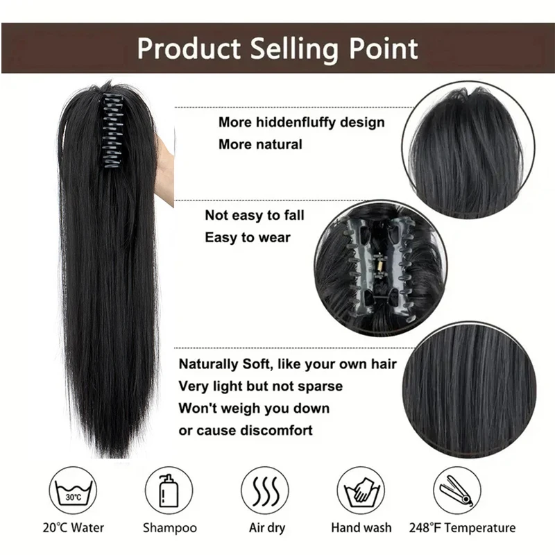 Synthetic Claw Clip On Ponytail Extensions 18Inch Fluffy Medium Length Ponytail Hair Bun Hair Pieces For Women