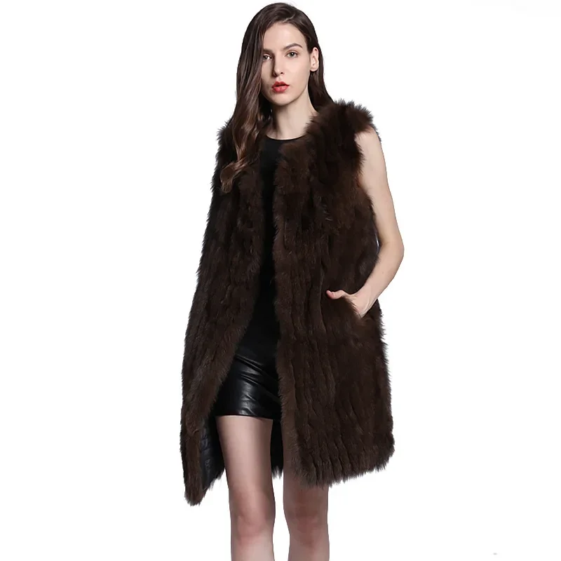 Deep Coffee Fur Vest Coat Women's Long Thickened Autumn and Winter Fox Hair Vest Canvas Shoulder Down Cotton