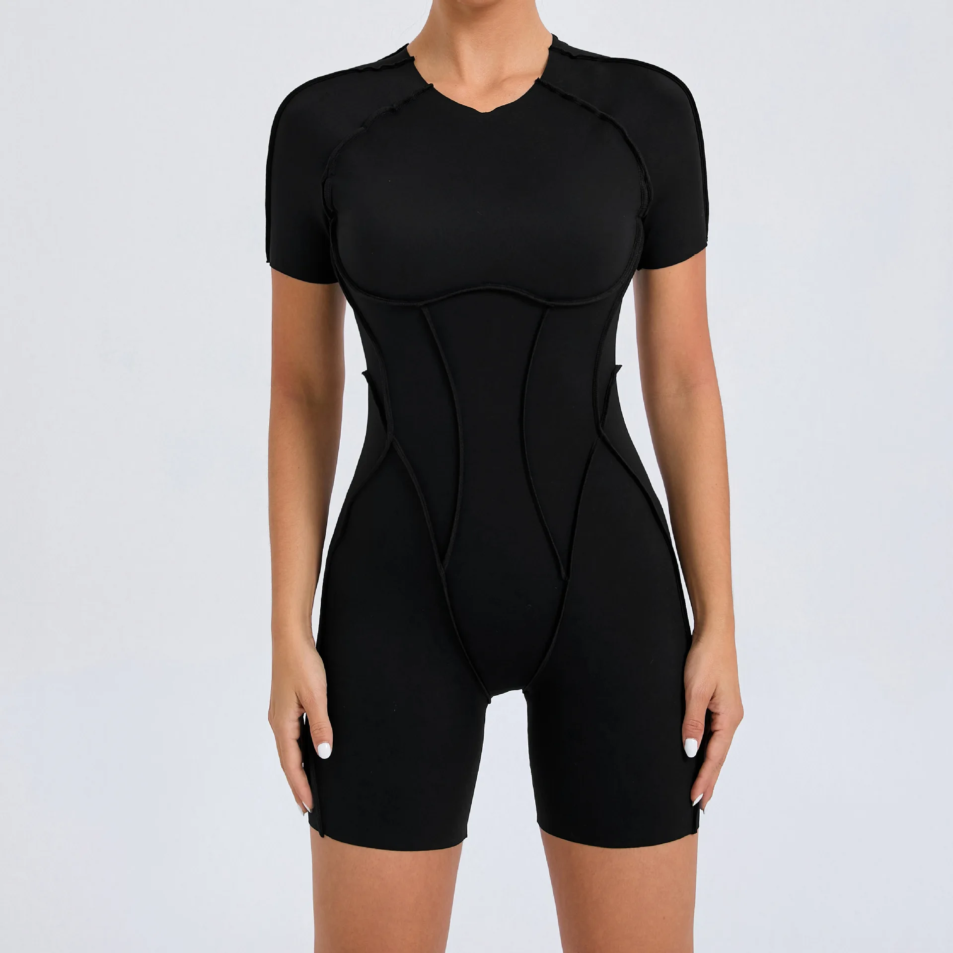 thumbnail image 1 of Body de nailon acolchado 2024 para mujer, conjunto de yoga y fitness con empalme de escote en V descubierto, conjunto de pantalones cortos de una pieza, mono deportivo de ciclismo y gimnasio, 1 of 5