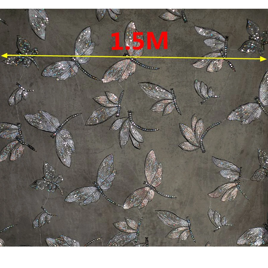 1 야드 스팽글 수 놓은 나비 잠자리 레이스 원단 드레스, Diy 조직 패치 워크 재봉 재료 150CM 와이드