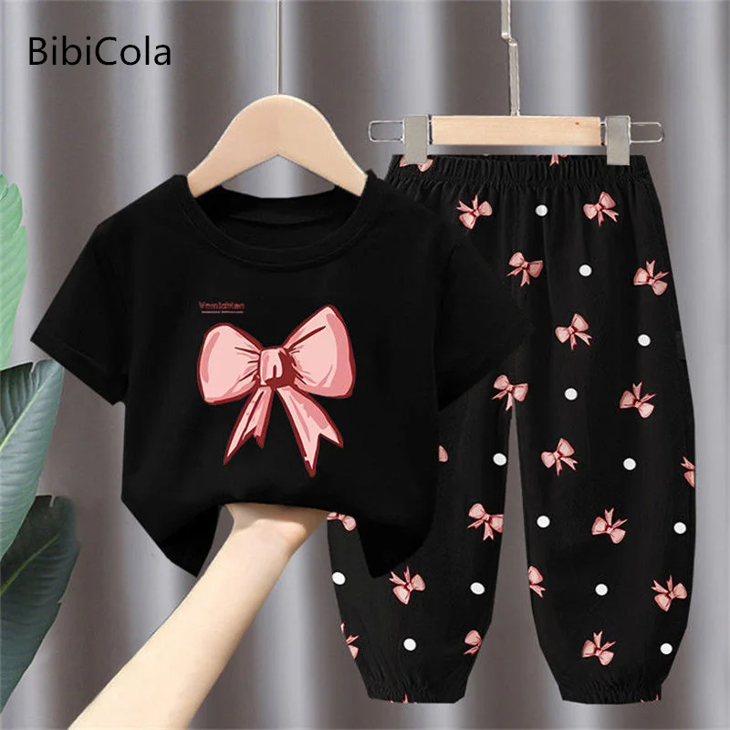 

2023 new girls' summer fashion suit children's bow foreign style new children's sports clothes two-piece sets 2-7 years old