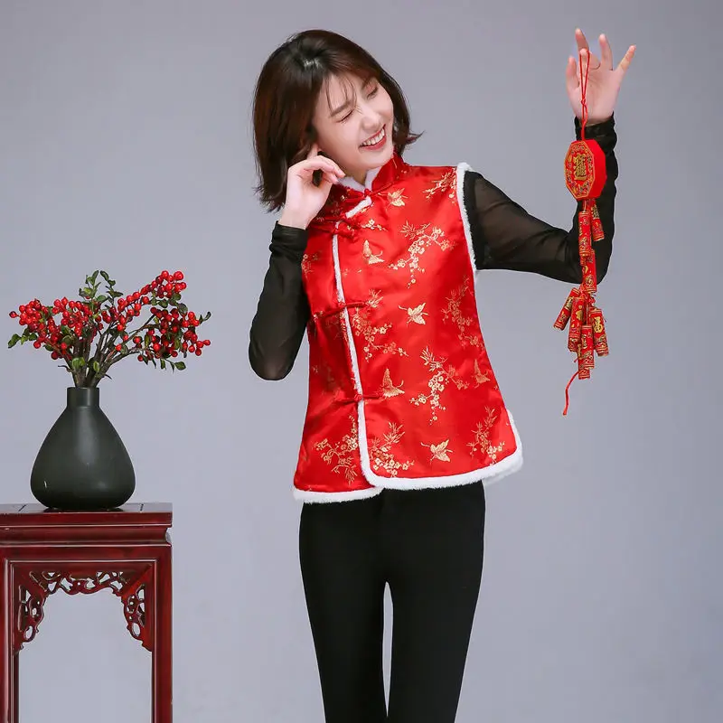 

Chinese Style Top China New Year Traditional Clothing 16Colour Women Tang Suit For Adult Winter Cotton Fur Thick Hanfu Vest
