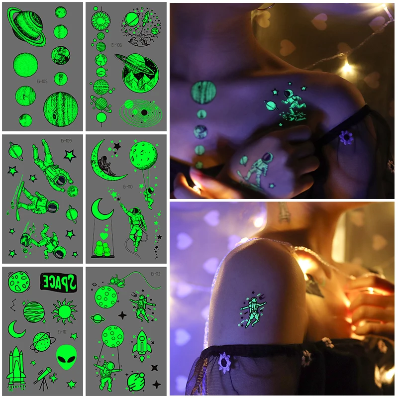 Space Man Planet Tattoo For Children Glowing Dark Taty Waterproof Body Art Fake Tatoo Luminous Tattoo Stickers 6PCS/set