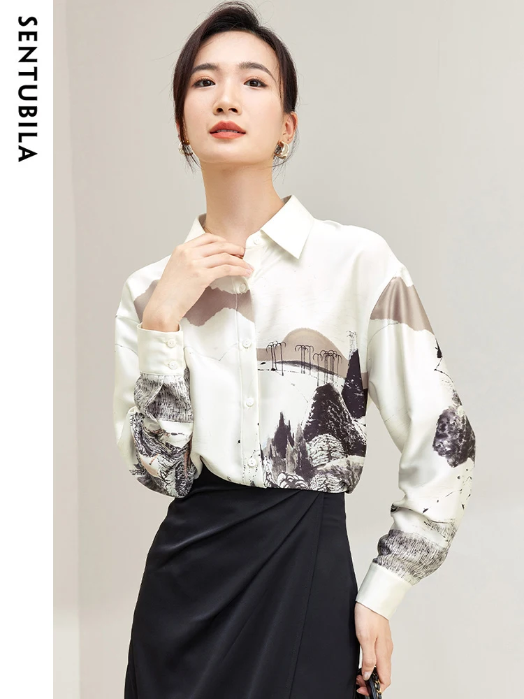 SENTUBILA Chinese Style Vintage Printed Shirt Women Classical Lapel Collar Long Sleeve Office Ladies Casual Blouse133C51250