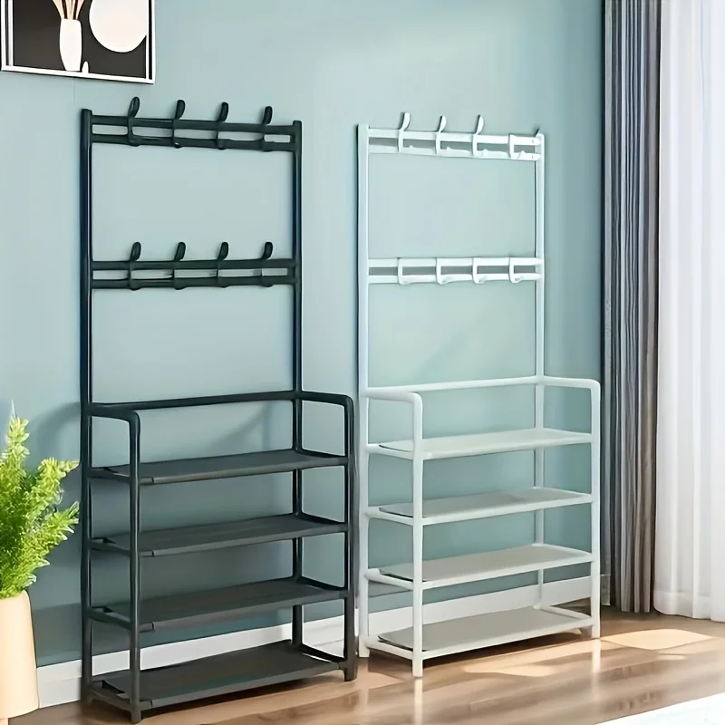 Heavy-Duty Multi-Layer Shoe Rack With Clothes Hat Hangers Floor Storage Organizer For Living Entryway Living Room