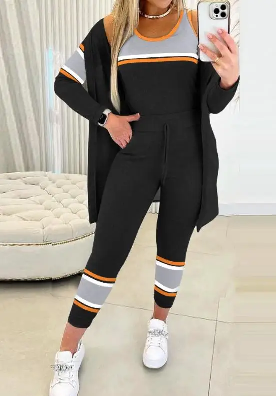 

2023 Autumn/winter New Fashion Casual 3Pcs Colorblock Tank Top&drawstring Pants Set with Coat Elegant Daily Commuting