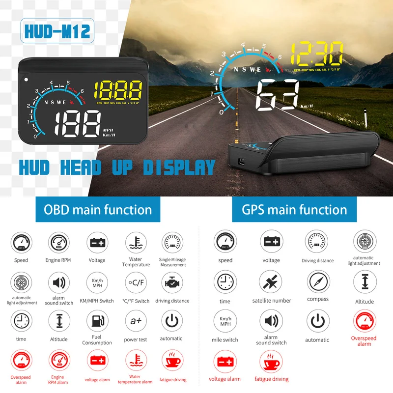  ڵ  HUD , OBD2 + GPS ӵ,  ÷, MPH KM/H   ˶, 3.5 ġ M12