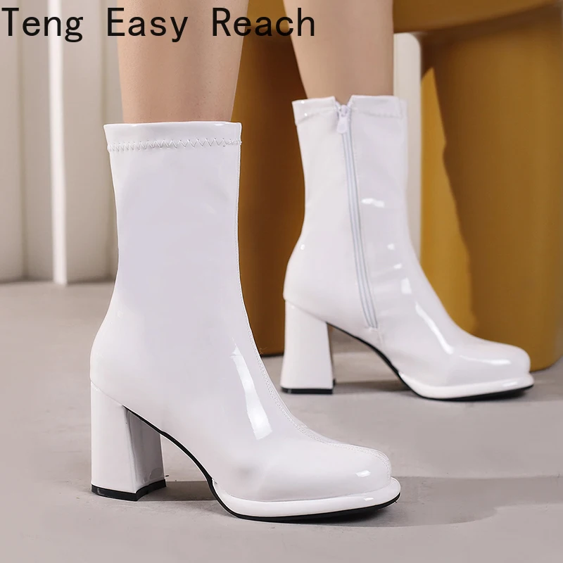 

New 2022 Autumn Winter New High Ankle Booties Women's chunky heel Boots Women High Heels Shoes Goth white yellow black Pink