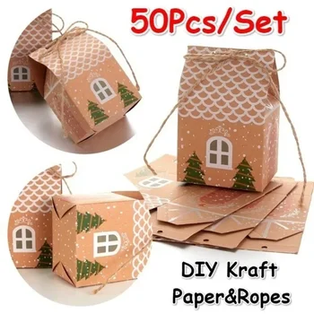 50pcs Party Xmas Decor House Shape Cookies Pouch Christmas Candy Box Kraft Paper Gift Bags Candy Box 2