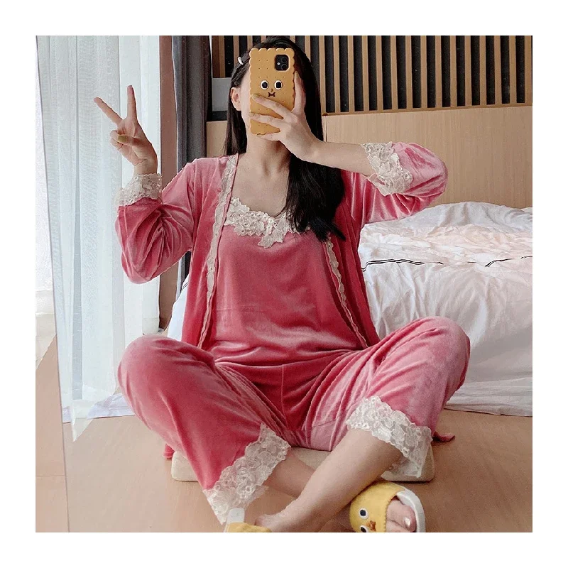 

Woman Lace Pieces Autumn Long Sexy Sling Winter Velvet Sleeves 4 Pajamas 3 Set Gold Winter Nightdress Color Pajama
