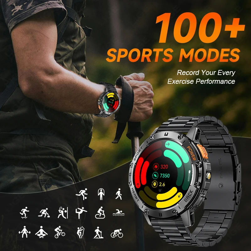 Smart Watch Men Outdoor 530mAh Large Battery Bluetooth Call Sport Fitness Bracelet AMOLED Screen Flashlight