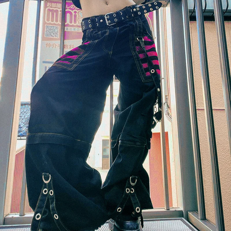 

Oversize Pants Women Punk Style Gothic Chain Bandage Wide leg Low Rise Dark Academic Trousers Streetwear 90s Baggy Pant