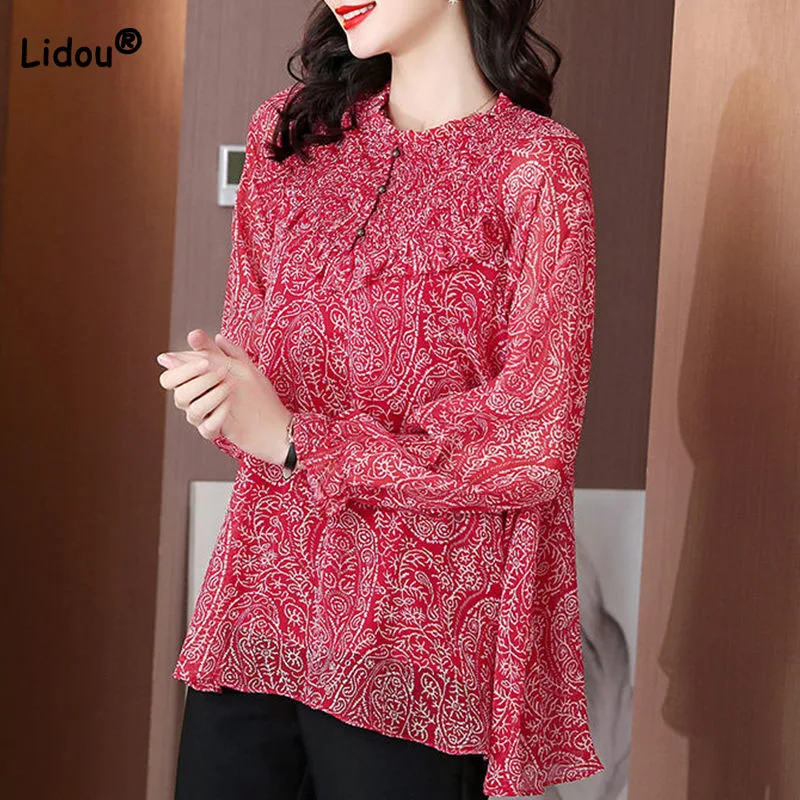 

Fashion Elegant Female Floral Print Chiffon Loose Tops Women's Clothing Spring Summer Vintage Long Sleeve Round Neck T-shirt