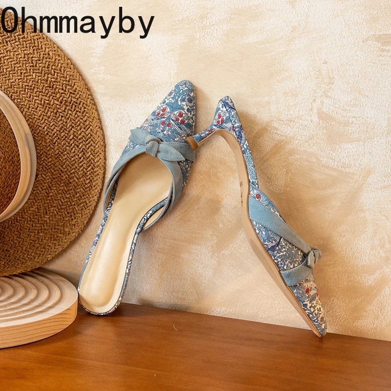 

Мюли женские на высоком каблуке, дизайнерские шлепанцы, без застежки, с бантом-бабочкой, заостренный носок, сланцы, летняя Уличная обувь