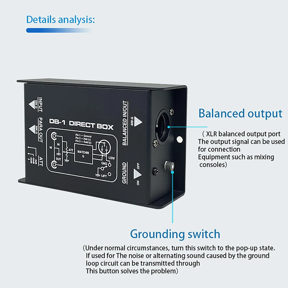 Passive Audio DI Box Low Noise Single Channel Balanced Unbalanced Signal Isolato