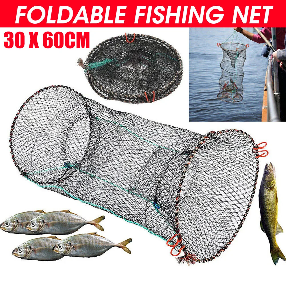 

Foldable Fishing Cage Net Fish Carp Bait Cage Shrimp Basket Fish Crayfish Lobsters Catcher Tank Trap Mesh Network 2 Holes Net