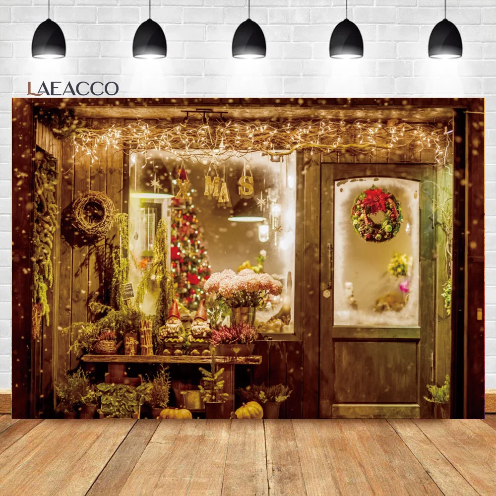 

Laeacco Winter Merry Christmas Backdrop Rustic Door Glitter Xmas Trees New Year Eve Family Party Portrait Photography Background