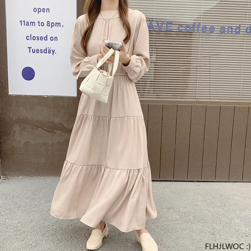 

2024 Women Chic Japan Girls Design Elegant Slim Waist Feminine Vestidos Cute Romantic Retro Vintage Korea Style Solid Long Dress