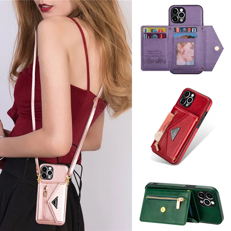 for Coque iPhone 15 Pro Max 14 13 12 11 X XR XS 7 Plus 8 Fashion Crossbody Shoulder Strap Card Slot Zipper Wallet Back Cover