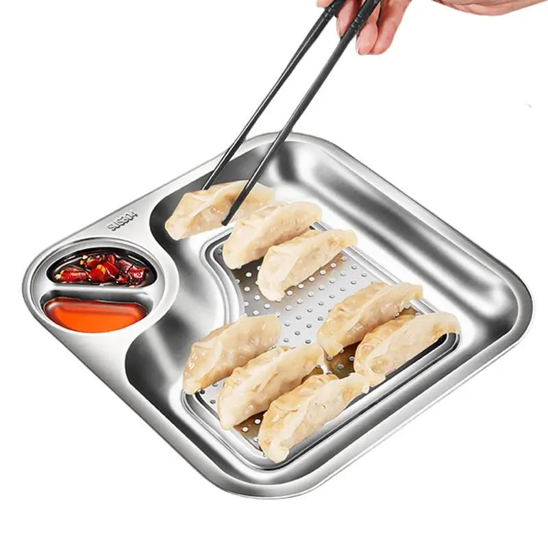 

Stainless Steel Dumpling Tray Sauce Compartment Fruit Snack Dish Tray Removable Water Filter Food Plates Appetizer Container