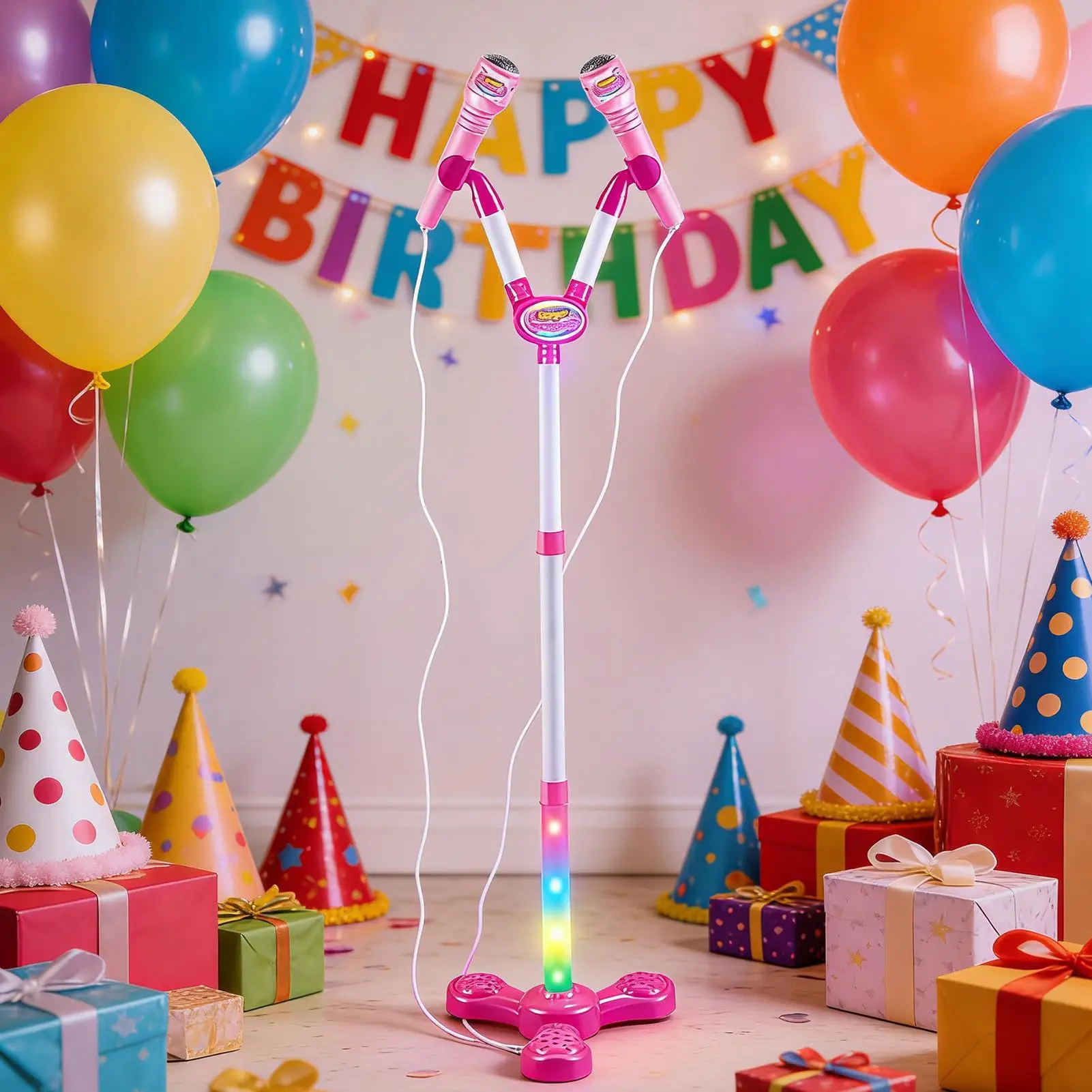 스탠드가있는 어린이를위한 마이크 다채로운 빛으로 노래하는 장난감 소년 소녀 유치원생 생일을위한 어린이 마이크 장난감