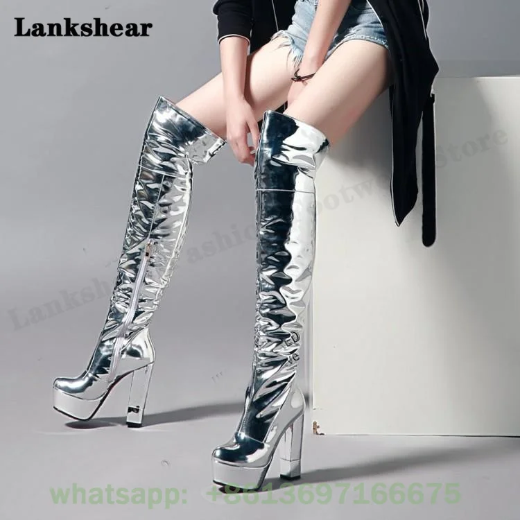 Silver Thigh High Boots Women Patent Leather Platform High Chunky High Heels Boots Round Toe Modern Funky Over The Knee Boots