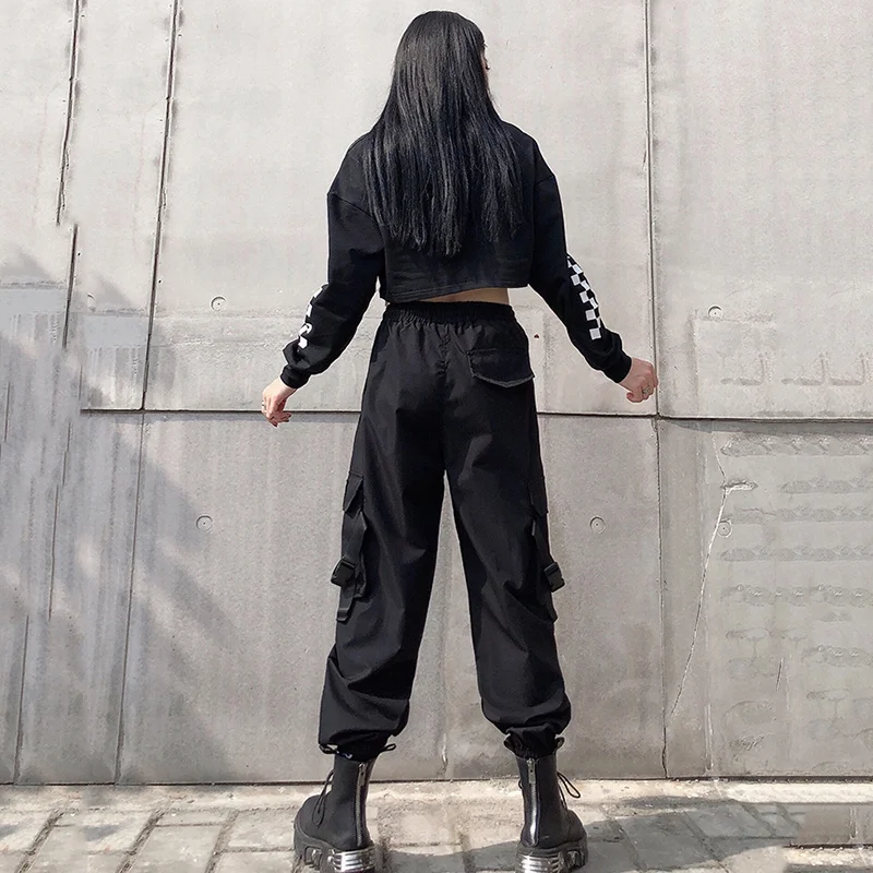 capri sweatpants Casual Big Pockets High Elastic Waist Punk Loose Streetwear Baggy Tactical Trousers Hip Hop Joggers Cargo Mujer Pants Women black cargo pants