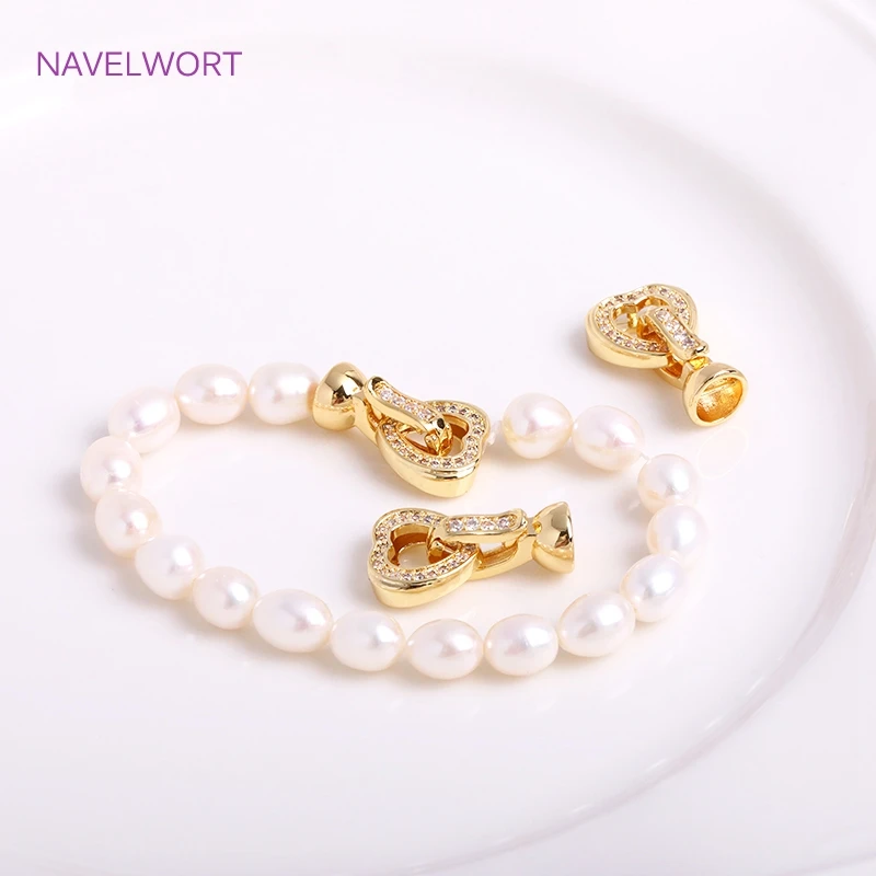 18K 골드 도금 상감 지르콘 라운드 하트 모양 패스너 진주 걸쇠 커넥터, 수제 DIY 크리에이티브 쥬얼리 부품 만들기