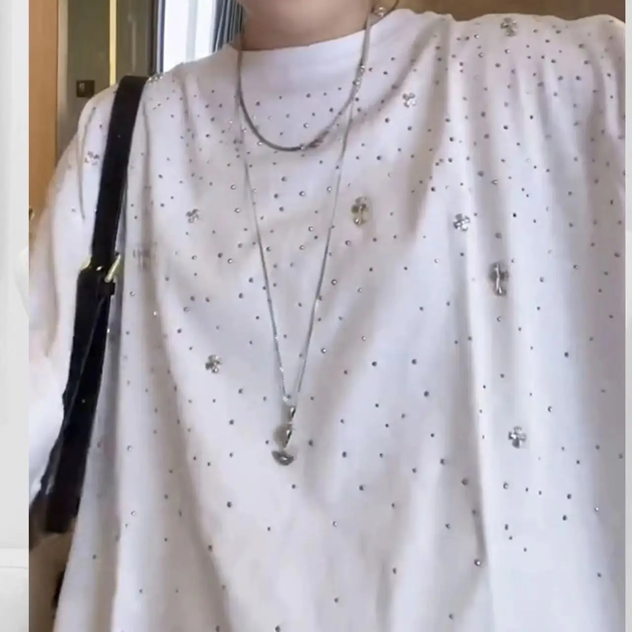 

Full Sky Star Hot Drillling White Short Sleeve T-shirt Women 2023 Summer New Clothes Loose Casual Starry Rhinestone T Shirt Tee