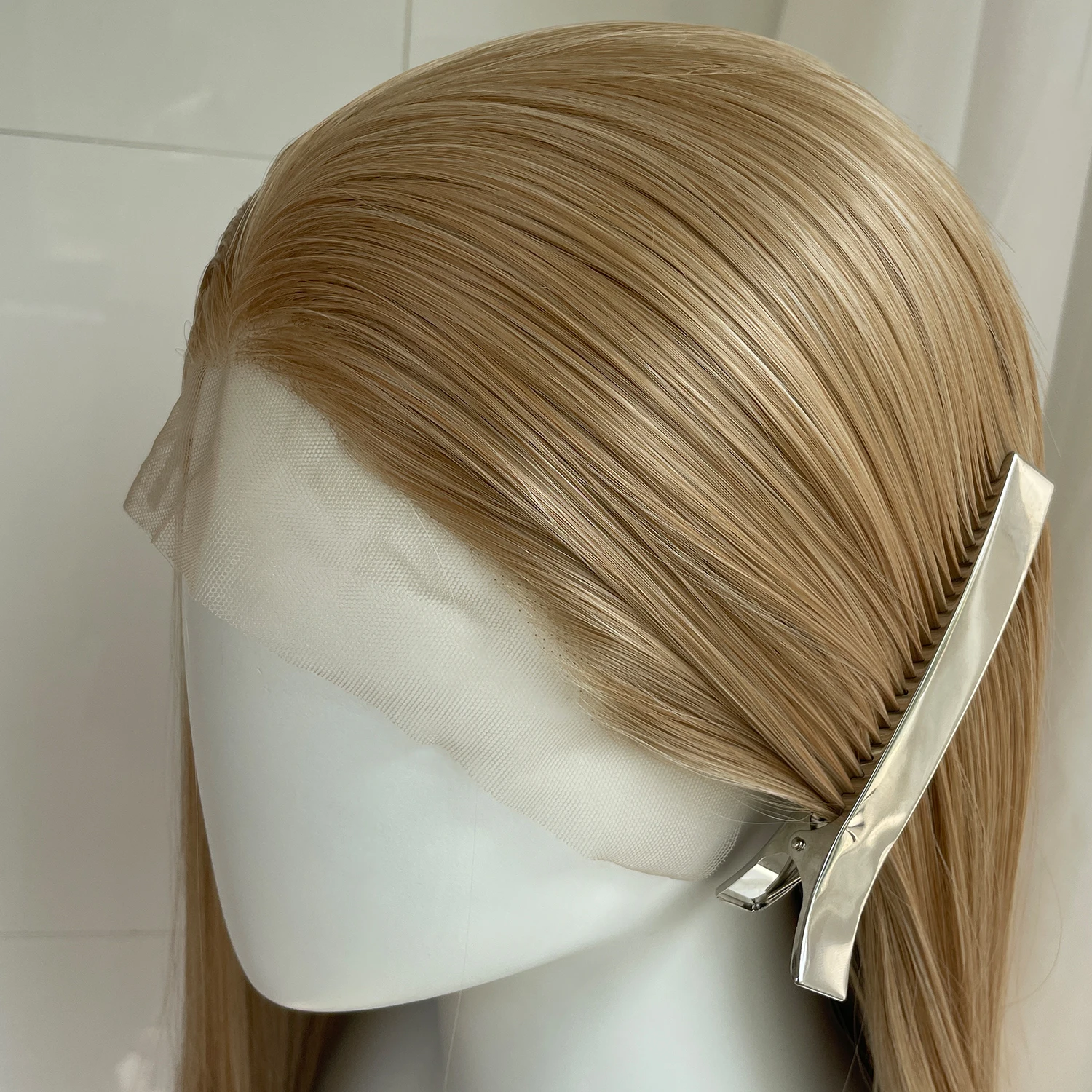 Blonde gemischte Farbe 13 x 4 synthetische Lace-Front-Perücke für Frauen 26 Zoll lange gerade leimlose Perücken hitzebeständige Perücken freier Teil – Detail 3
