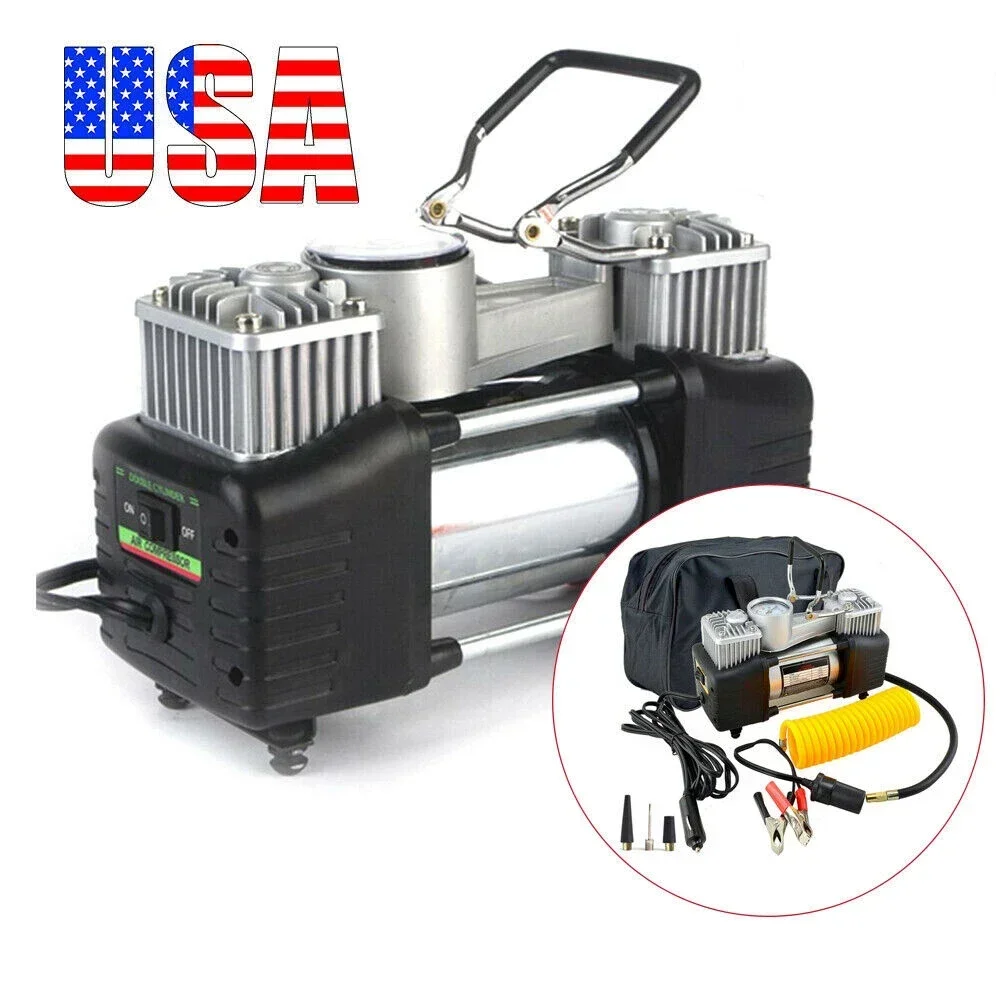 압력 게이지가있는 12V 이중 실린더 타이어 팽창기 Poric 자동차 금속 공기 인젝터 DC 미니 자동차 압축기 자전거 펌프 캠핑