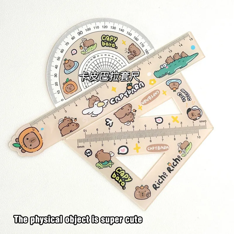 4 PCS Cute Cartoon Capybara Metric Ruler Plastic Straightedge High Appearance Measuring Too Triangle Ruler Student Protractor