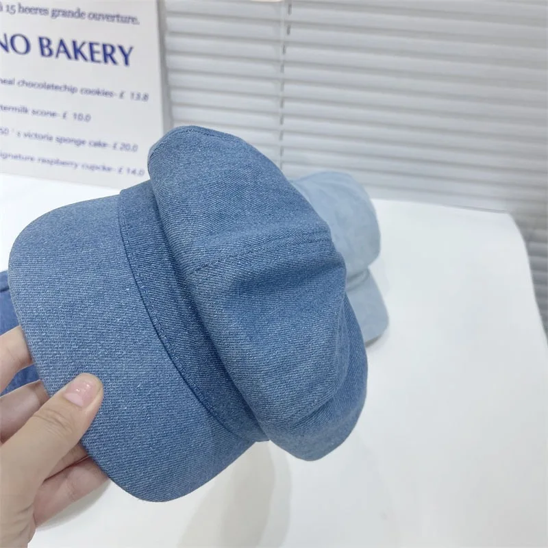 Achteckige Kappen Frauen Hüte Vintage Baskenmütze Einfarbig Denim Tuch Casual Weibliche Zeitungsjunge Mütze Gute Qualität Maler Kappe Neue – Detail 3
