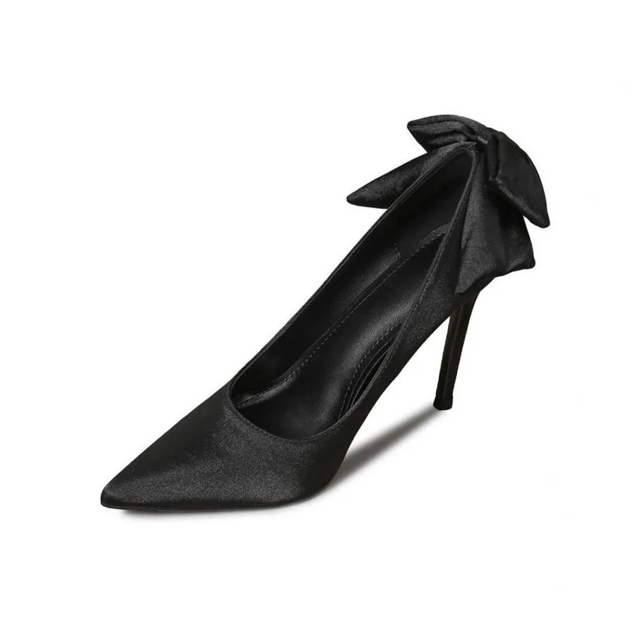 

Black High Heels Women Pumps Satin Pointed Back Bow Sexy Dress Shoes Stiletto Ladies Heels