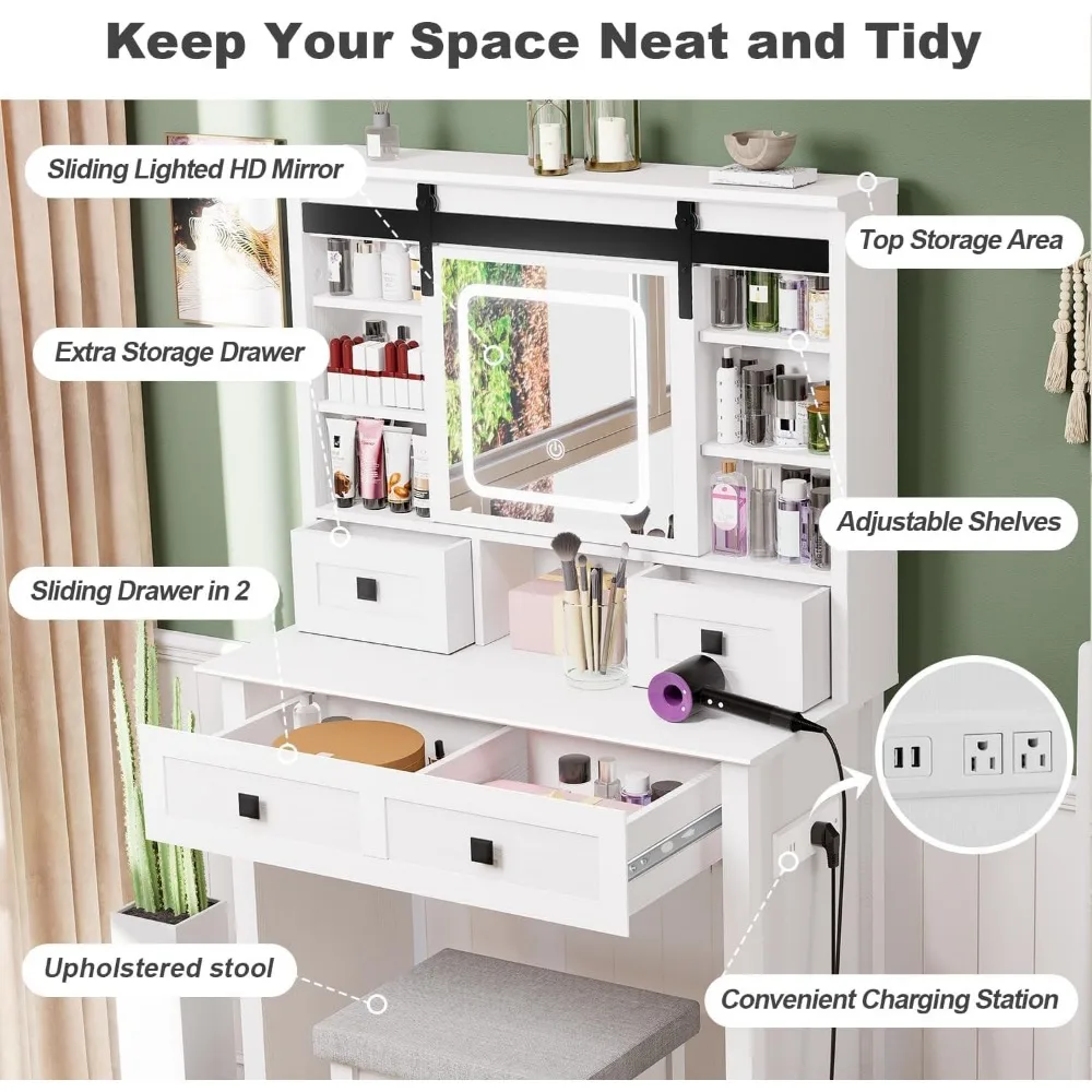 Farmhouse Makeup Vanity Desk with Sliding Mirror, Vanity Set with Stool & Charging Station & 3 Brightness Lights, Ample Storage, 3