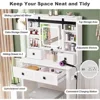 Farmhouse Makeup Vanity Desk with Sliding Mirror, Vanity Set with Stool & Charging Station & 3 Brightness Lights, Ample Storage, 3