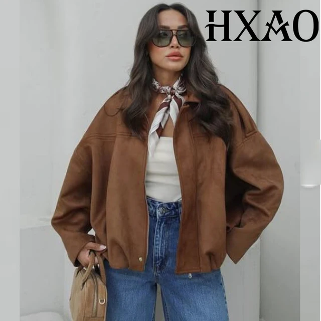 HXAO المرأة Bomber سترة اقتصاص معطف سترة من جلد الغزال المرأة طويلة الأكمام الخريف الشتاء معطف الإناث زمم سترة سوداء بنية